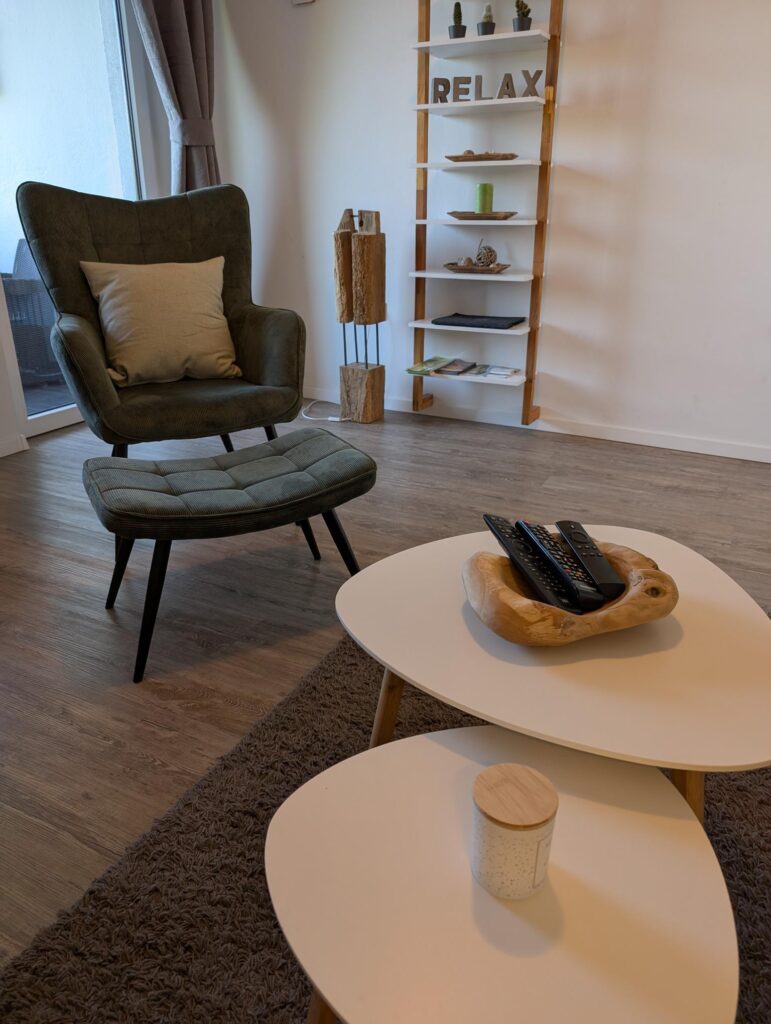 Sessel im Wohnzimmer der Ferienwohnung mit Katze